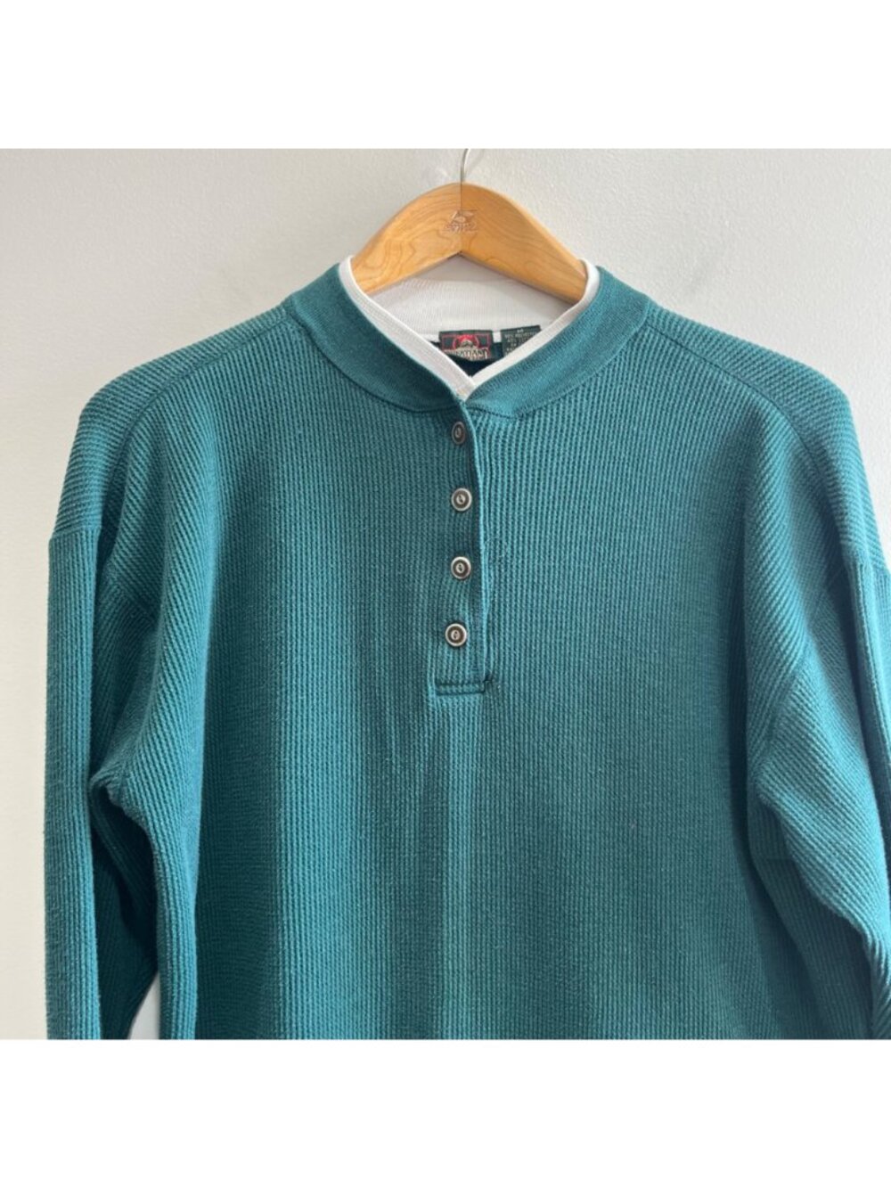 Great land Apparel Vtg Henley Waffle Knit Shirt Mens M Green 90s - Picture 2 of 7